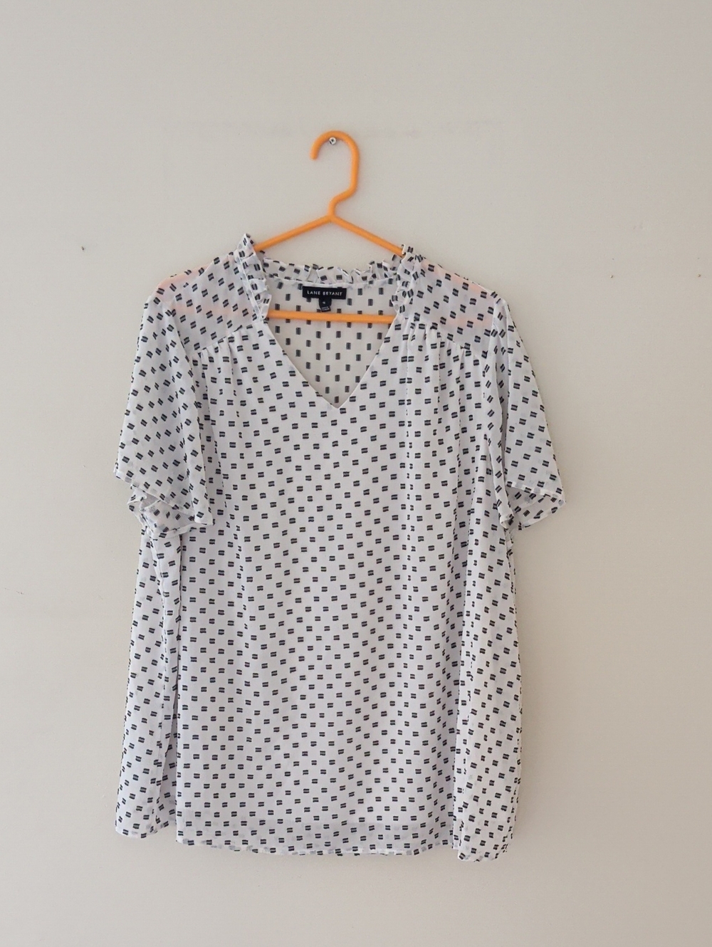 Lane Bryant White Blouse with Black Pattern V-Neck